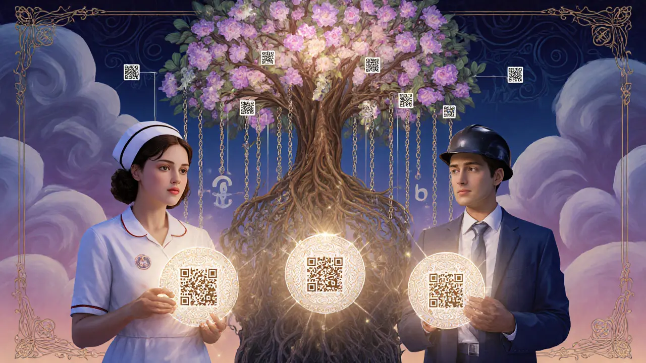 Profesionales diversos sosteniendo credenciales digitales ornamentales conectadas a un árbol de cadenas de bloques.