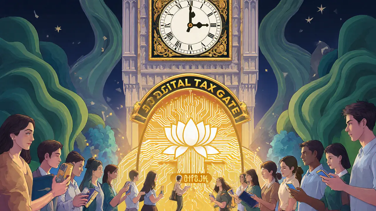 Reloj de torre con manecillas de gráficos de trading, mientras traders atraviesan una puerta de impuestos digitales.