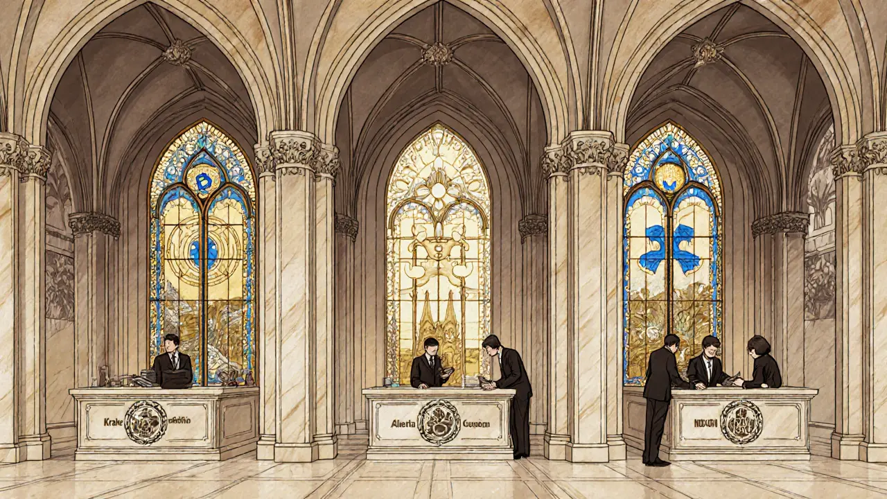 Sala de intercambio con plataformas de criptomonedas en un edificio de estilo Art Nouveau, con sellos provinciales y símbolos digitales decorativos.