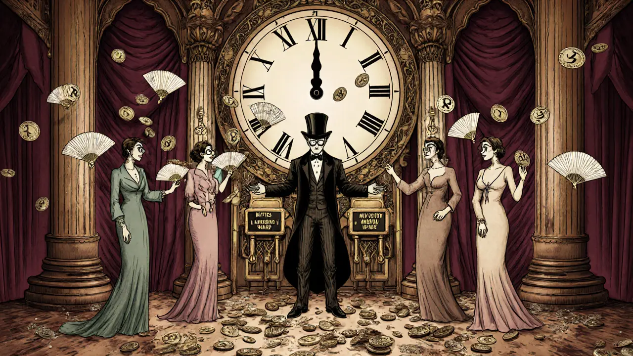 Salón de subastas donde figuras elegantes licitan por tokens JF mientras un reloj marca cero y los tokens se convierten en ceniza.