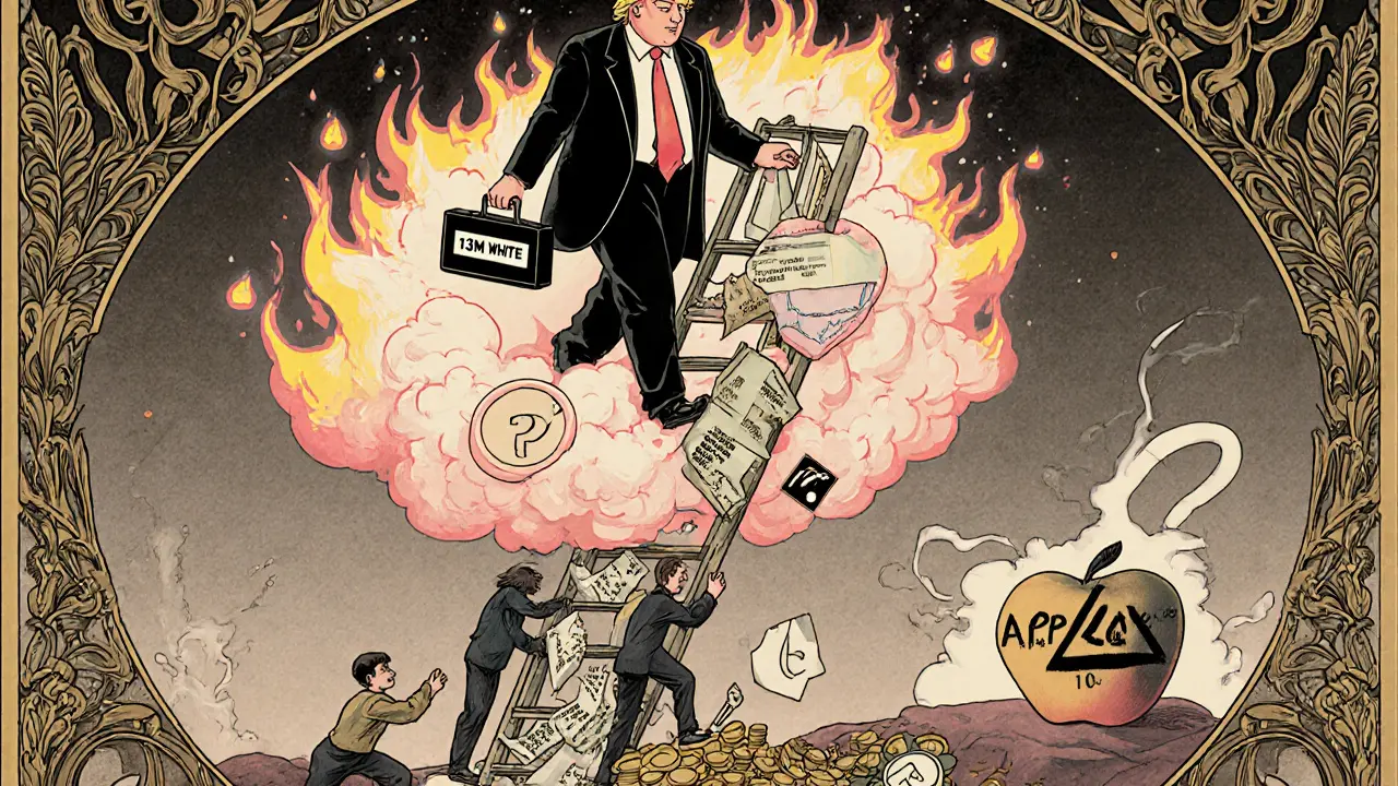 Silueta de Trump entre llamas de cripto, con gente subiendo una escalera que se desmorona hacia una manzana, todo en tonos desvanecidos y símbolos de advertencia.