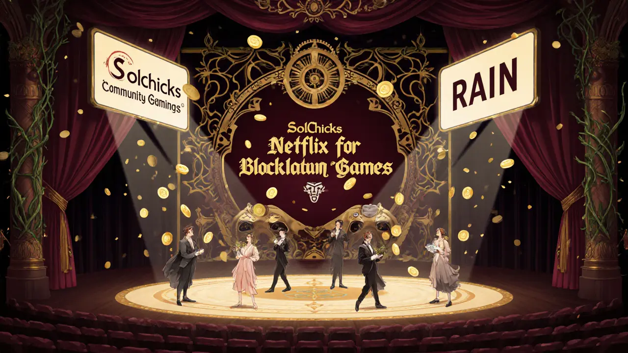 Teatro de juegos P2E con jugadores en trajes vintage y tokens RAIN cayendo como confeti, estilo Art Nouveau.