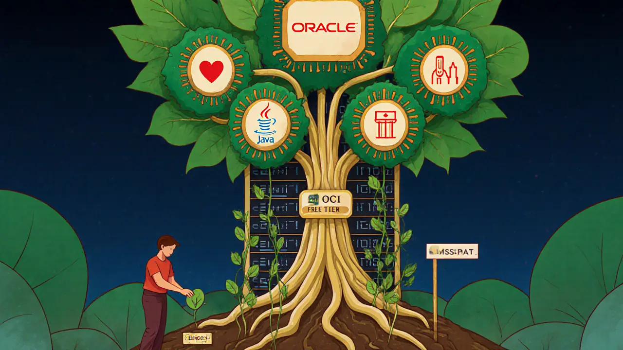 Torre de servidor como árbol creciendo desde raíces blockchain, con hojas que representan decisiones de IA en sectores clave.