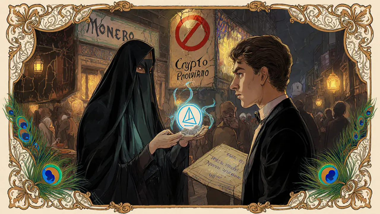 Trader velado ofrece Monero en un bazar, con patrones ornamentales y un letrero &#039;Crypto Prohibido&#039;.