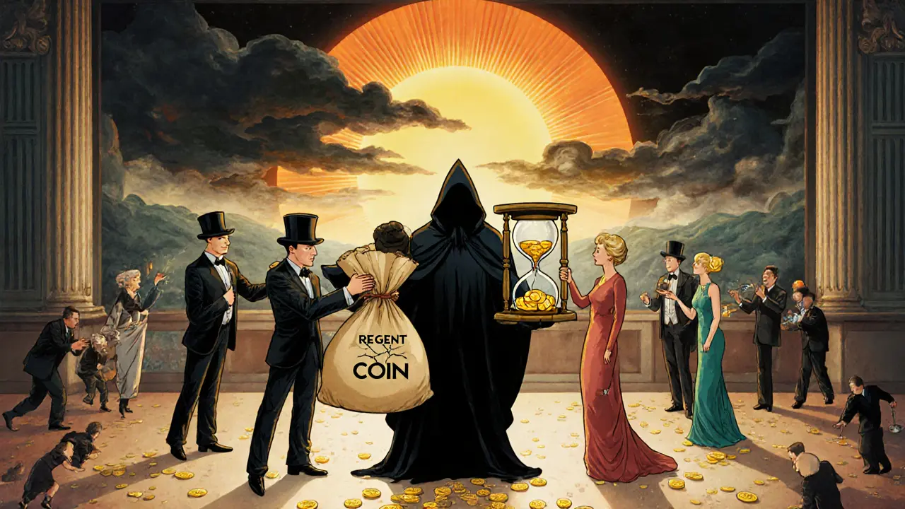 Traders en un salón art déco entregan monedas a una figura misteriosa mientras tokens caen al suelo y un sol se convierte en tormenta detrás.