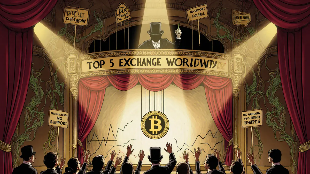 Un escenario vacío con un monedero giratorio y figuras engañadas, en estilo Art Nouveau, simbolizando volumen falso y engaño.