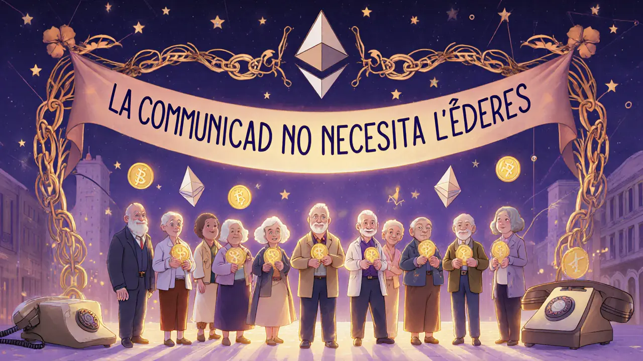 Un grupo de personas mayores en una plaza digital con monedas BOOMER, bajo un letrero que celebra la comunidad sin líderes.