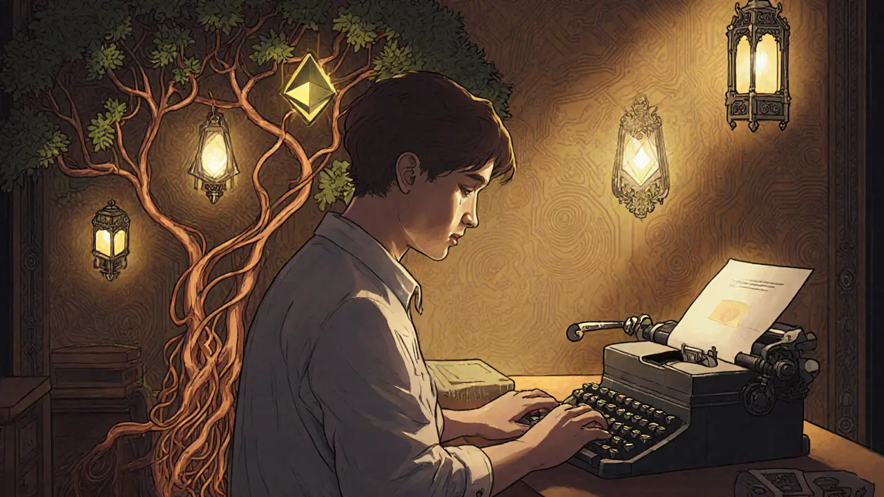 Un investigador trabaja junto a un árbol blockchain con lámparas de GPU como luces flotantes, en un estilo artístico vintage.