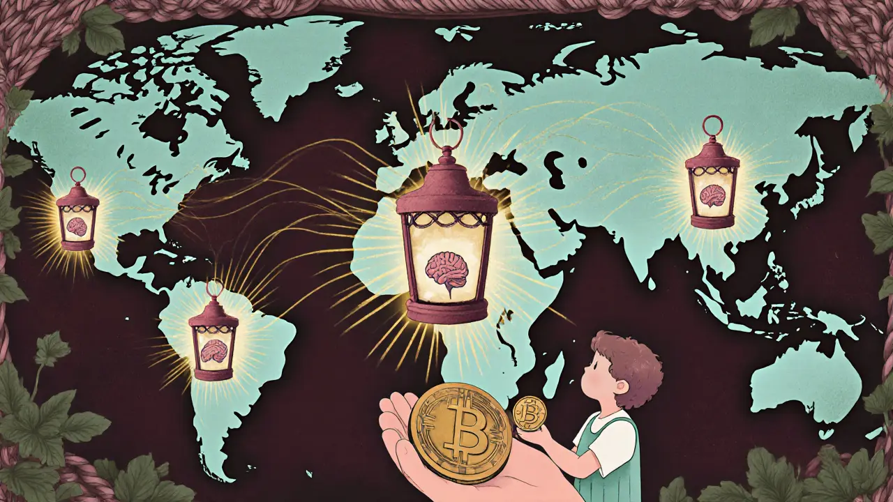 Un mapa mundial de nodos conectados por hilos de tokens GPU, representados como linternas con cerebros de IA, en un diseño art nouveau.