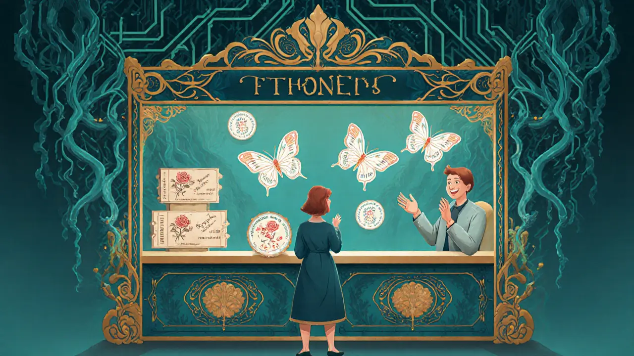 Un mostrador ofrece tickets tradicionales y NFT como mariposas de cristal, mezclando lo analógico y lo digital.