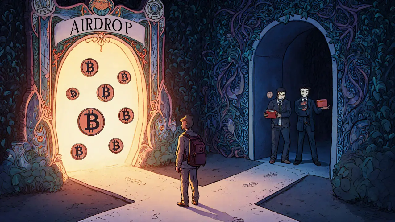 Un viajero en una encrucijada digital, uno camino lleva a un airdrop brillante, el otro a sombras sospechosas.