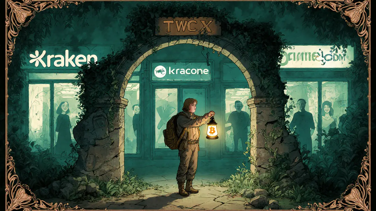 Un viajero frente a un arco en ruinas con el nombre TWCX, mientras otros intercambios de cripto brillan a lo lejos.