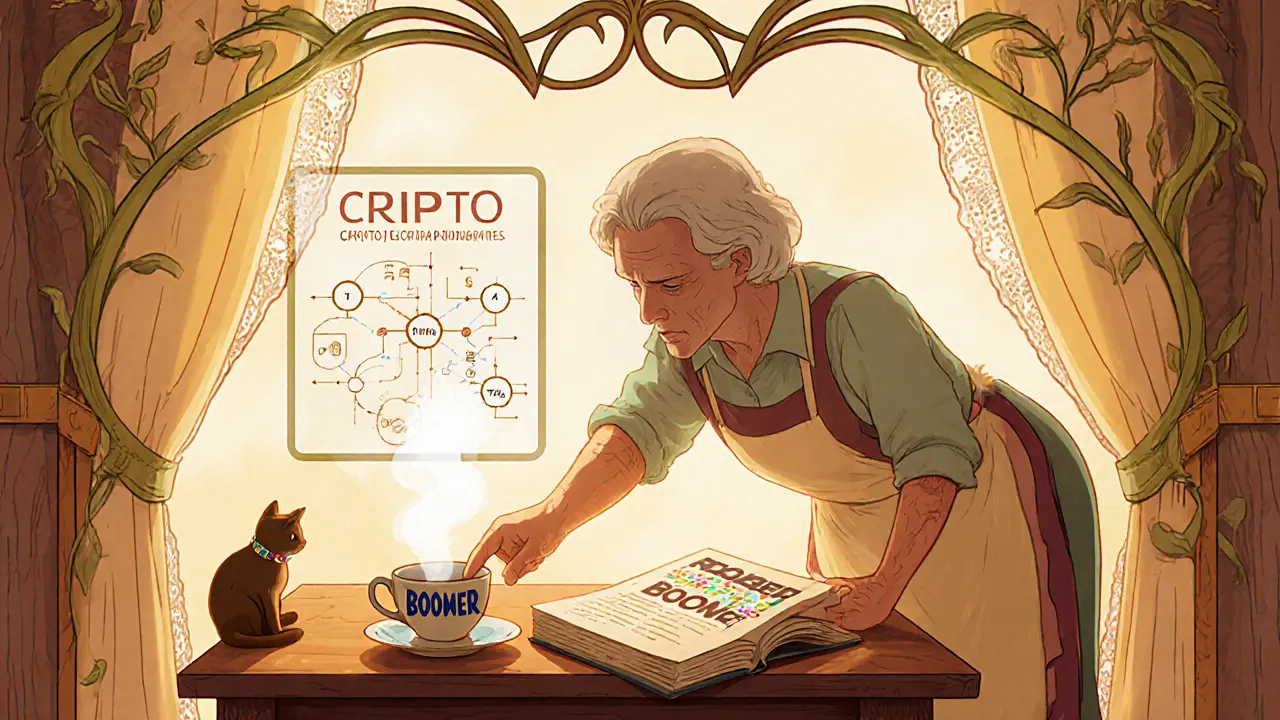 Una abuela aprende cripto en la cocina con una guía de letras grandes y un gráfico holográfico flotante.