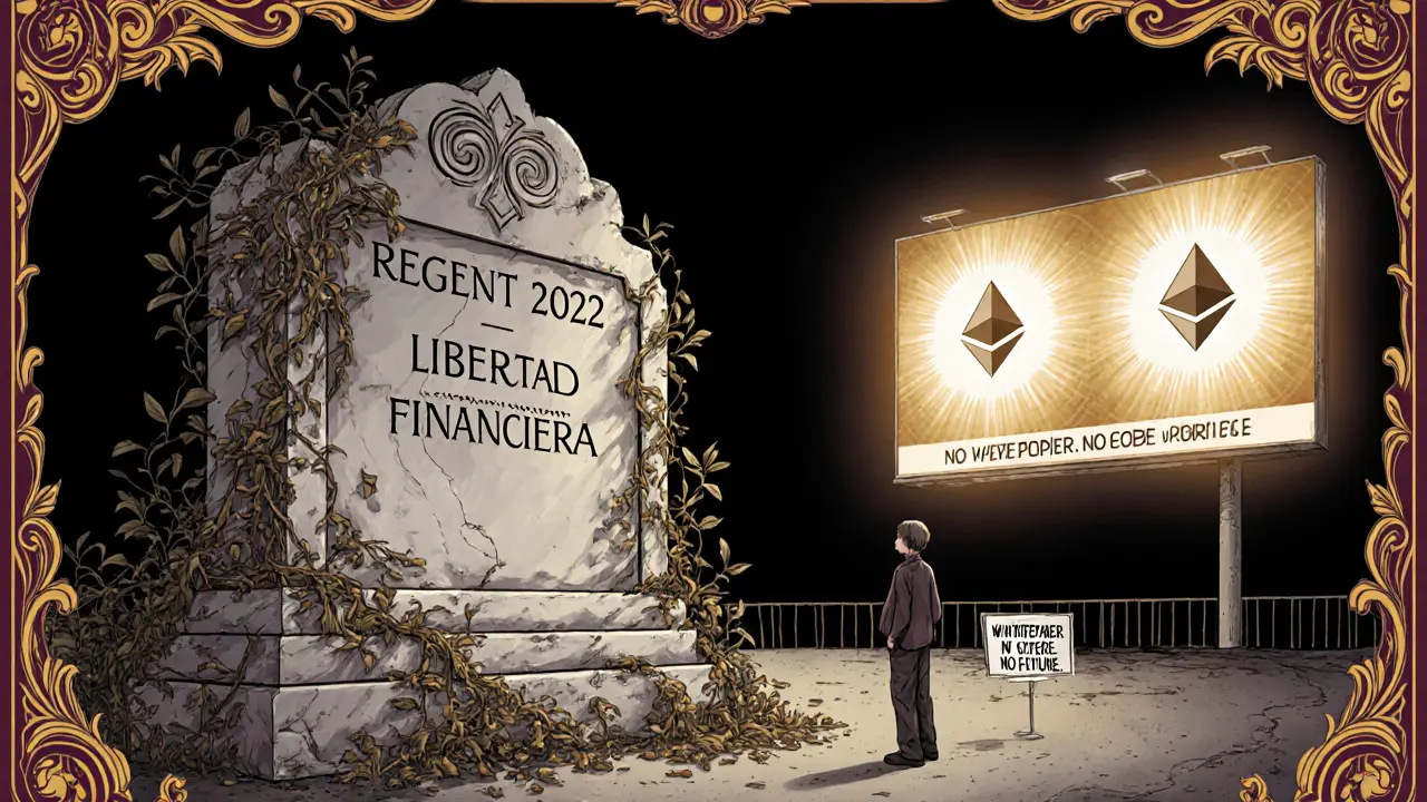 Una figura frente a un monumento en ruinas con el nombre REGENT, cubierto por enredaderas marchitas, mientras otras criptomonedas brillan en la distancia.