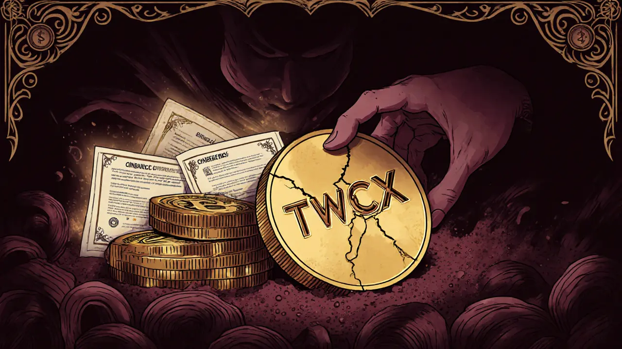 Una moneda agrietada con TWCX junto a intercambios verificados, mientras una mano oscura intenta llevarla.