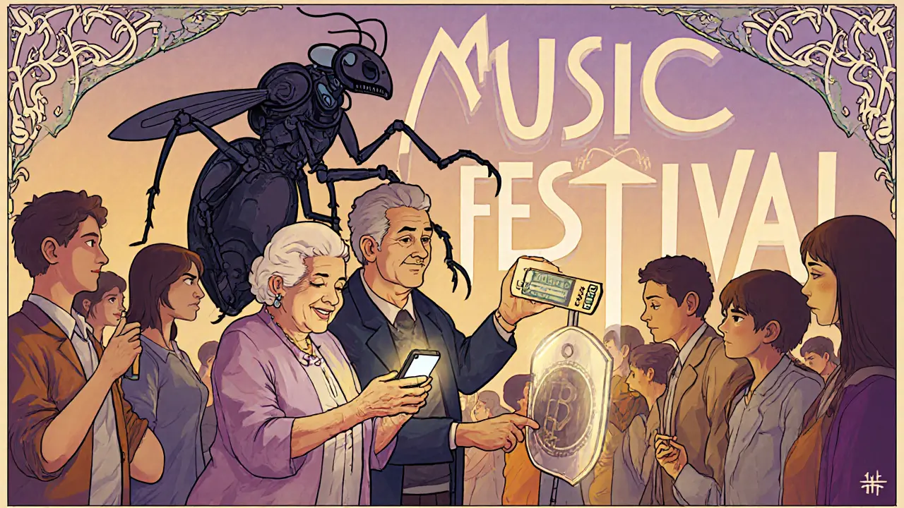 Una mujer mayor y su nieto revisan un ticket NFT en un festival, mientras un bot mecánico intenta robarlo.