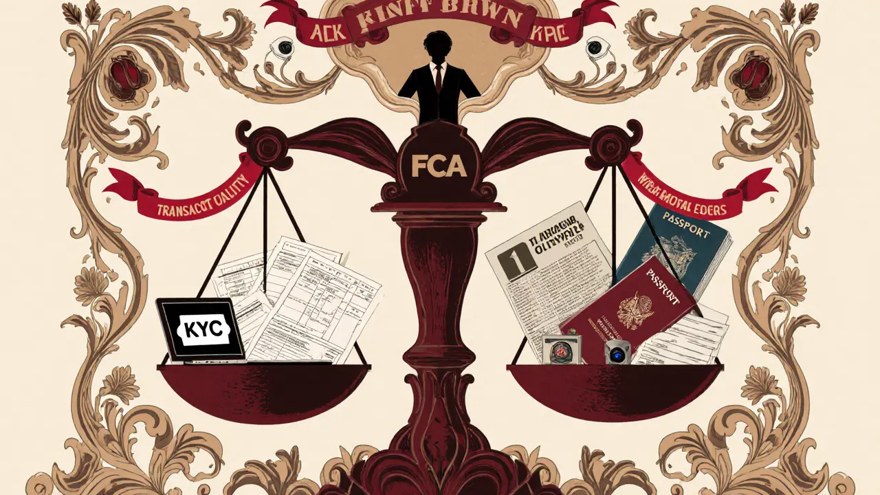 Una oficina pequeña bajo el peso de documentos regulatorios, con una balanza simbólica y el emblema de la FCA observando.