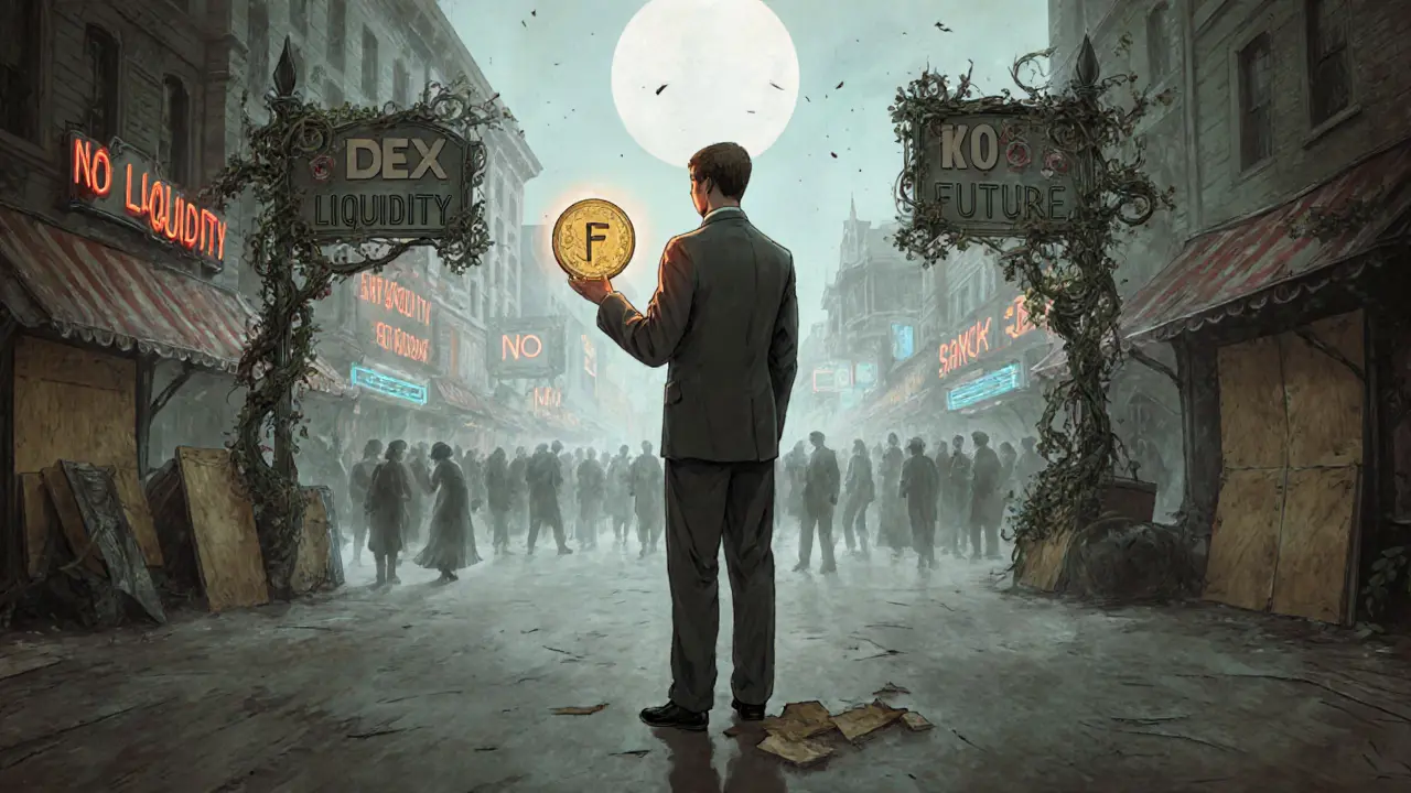 Una persona sola sostiene un token JF brillante en un mercado vacío, con carteles rotos y sombras de un pasado activo.