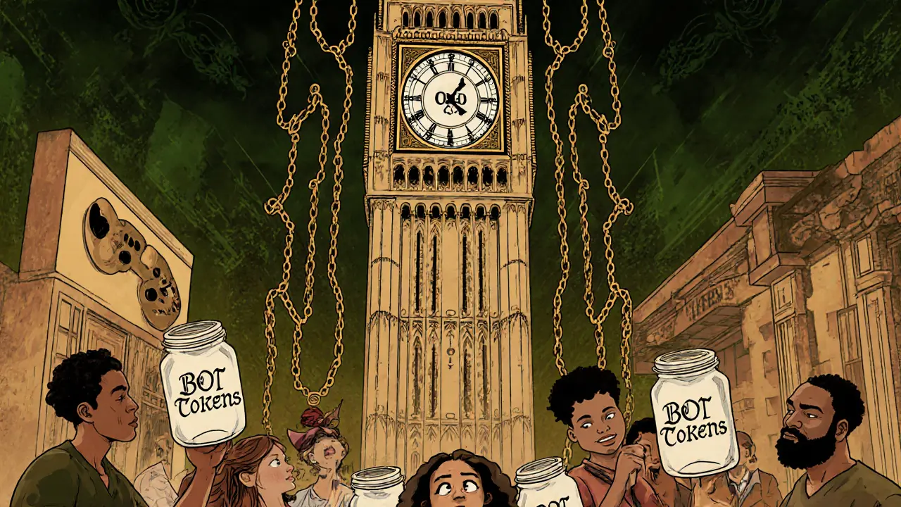 Una torre de reloj con manecillas de cadena de bloques muestra 0 USD, mientras gente sostiene frascos vacíos de tokens BOT.