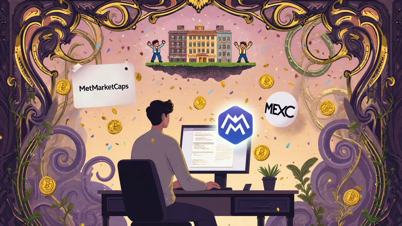 Usuario con billetera digital rodeado de símbolos de CoinMarketCap y MEXC, con tokens cayendo como confeti.
