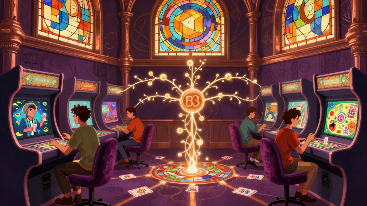 Arcade futurista con jugadores conectados por flujos de datos en forma de enredaderas, bajo vitrales de patrones blockchain.