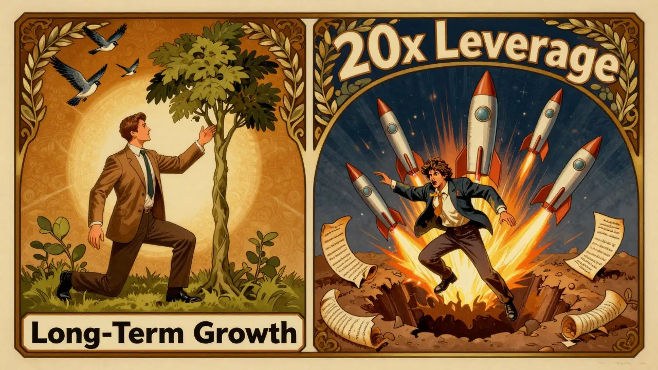 Cartel dividido: un trader disciplinado junto a un árbol de crecimiento frente a otro que cae en un pozo de liquidación, estilo Art Nouveau.