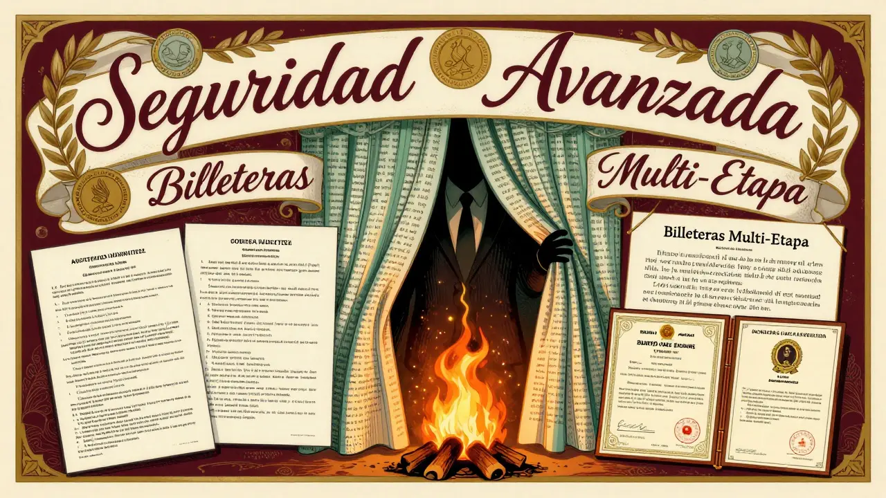Cartel publicitario falso de Colodax con texto elegante, mientras una figura oculta quema documentos reales.
