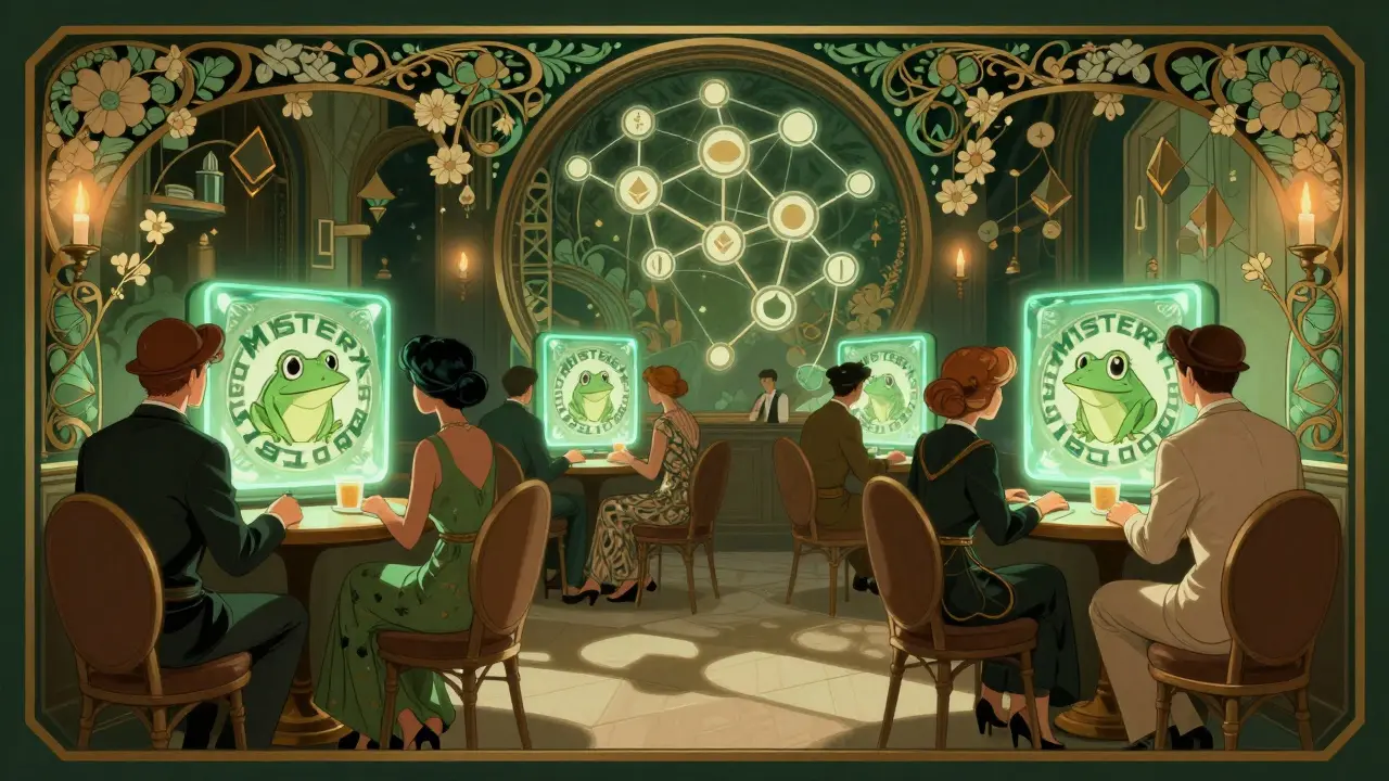 Clientes de una cafetería de los años 20 miran pantallas con el logotipo de la rana Mystery, mientras patrones florales se convierten en nodos blockchain.