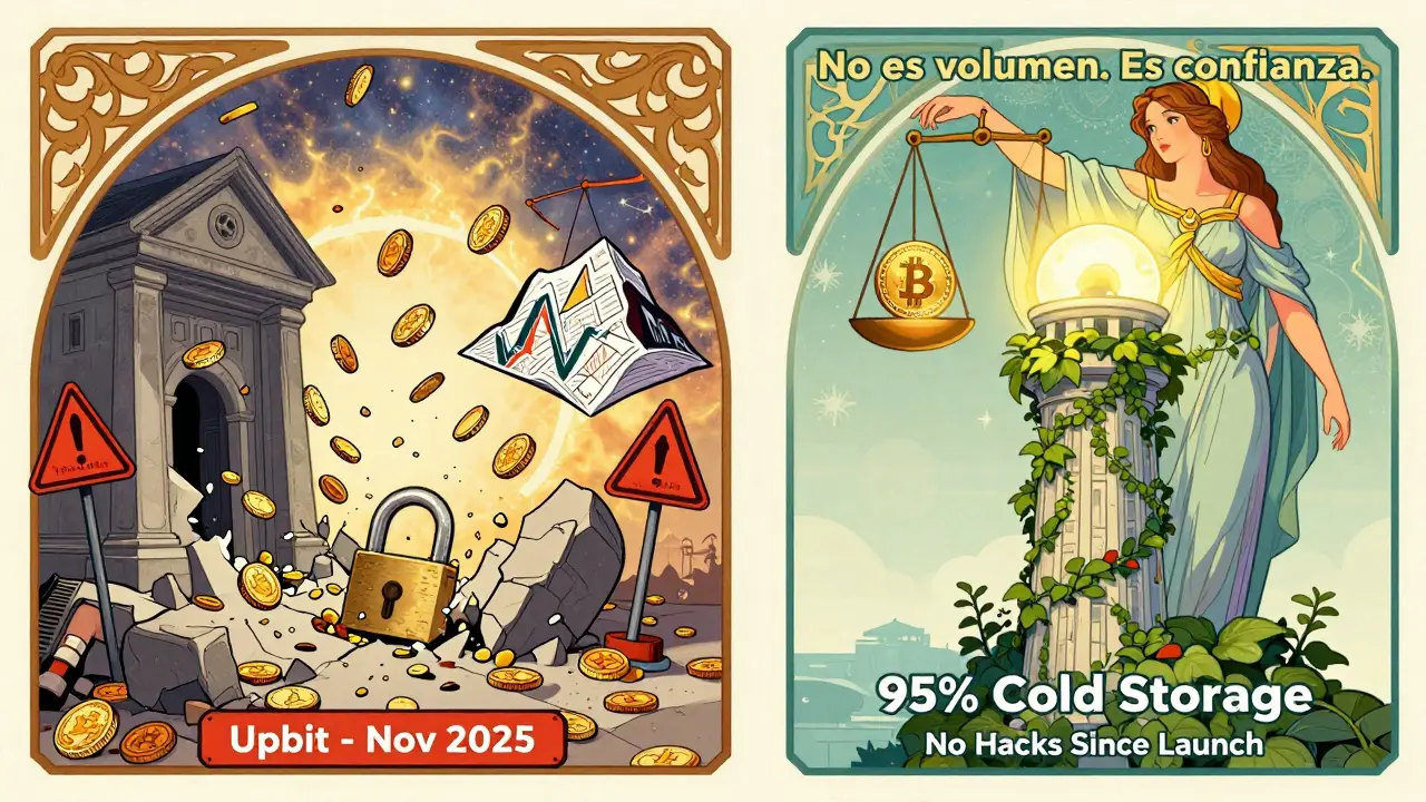 Comparación artística: intercambio caótico vs. torre segura de Toobit, con una figura celestial sosteniendo una balanza.