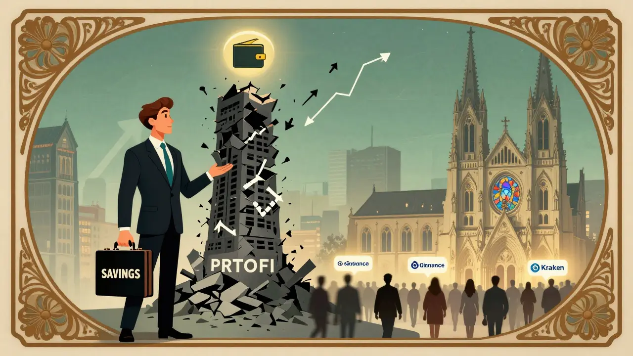 Comparación visual: un inversionista junto a una torre en ruinas llamada ProtoFi frente a intercambios seguros como catedrales iluminadas.