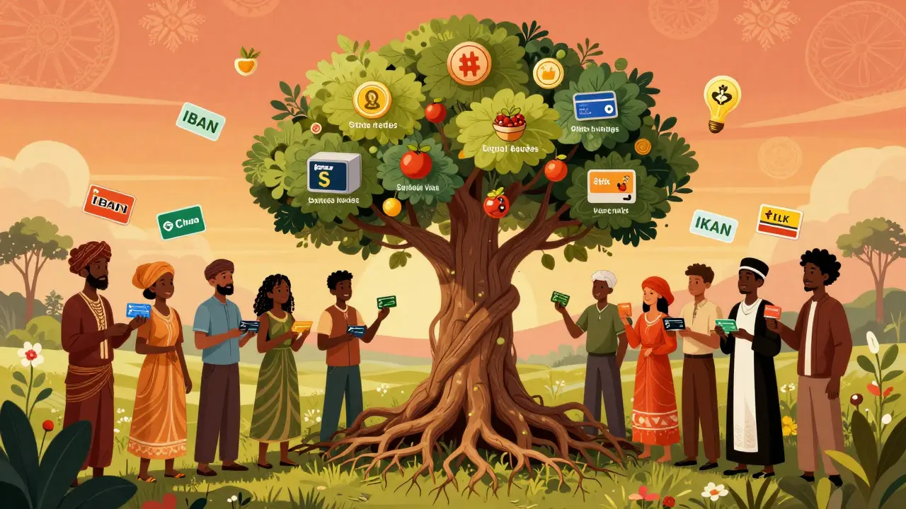 Comunidad usando tarjetas KLK y cajas digitales bajo un árbol de tokens, con recompensas y NFTs como frutas.