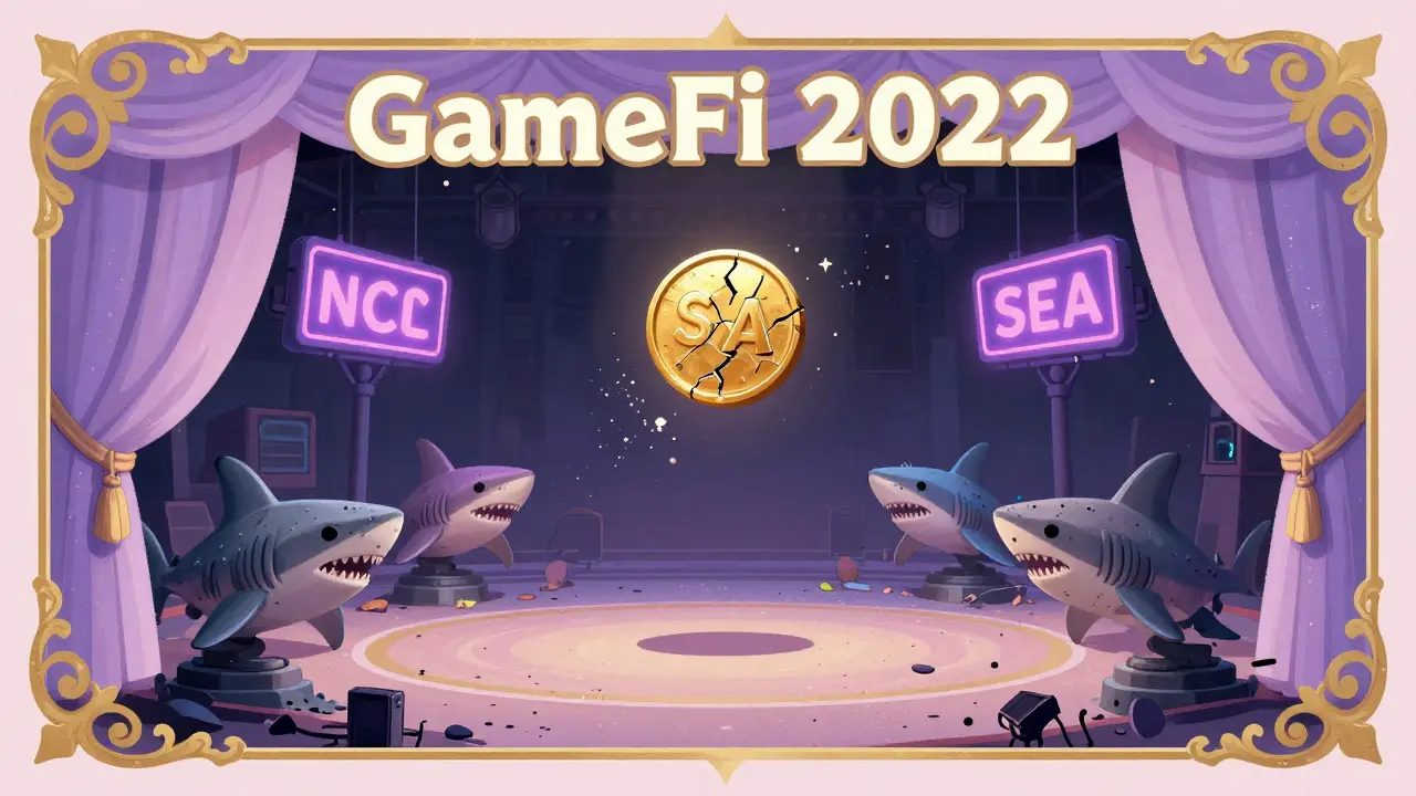 Deserted digital arena with silent shark NFT statues under fading neon signs, in vintage Art Nouveau poster style.