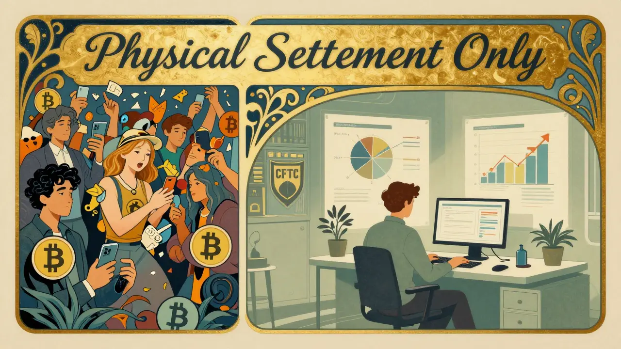 Doble escena: caos de traders vs. tranquilidad regulada, con símbolos de Bitcoin y la CFTC en estilo Art Nouveau.