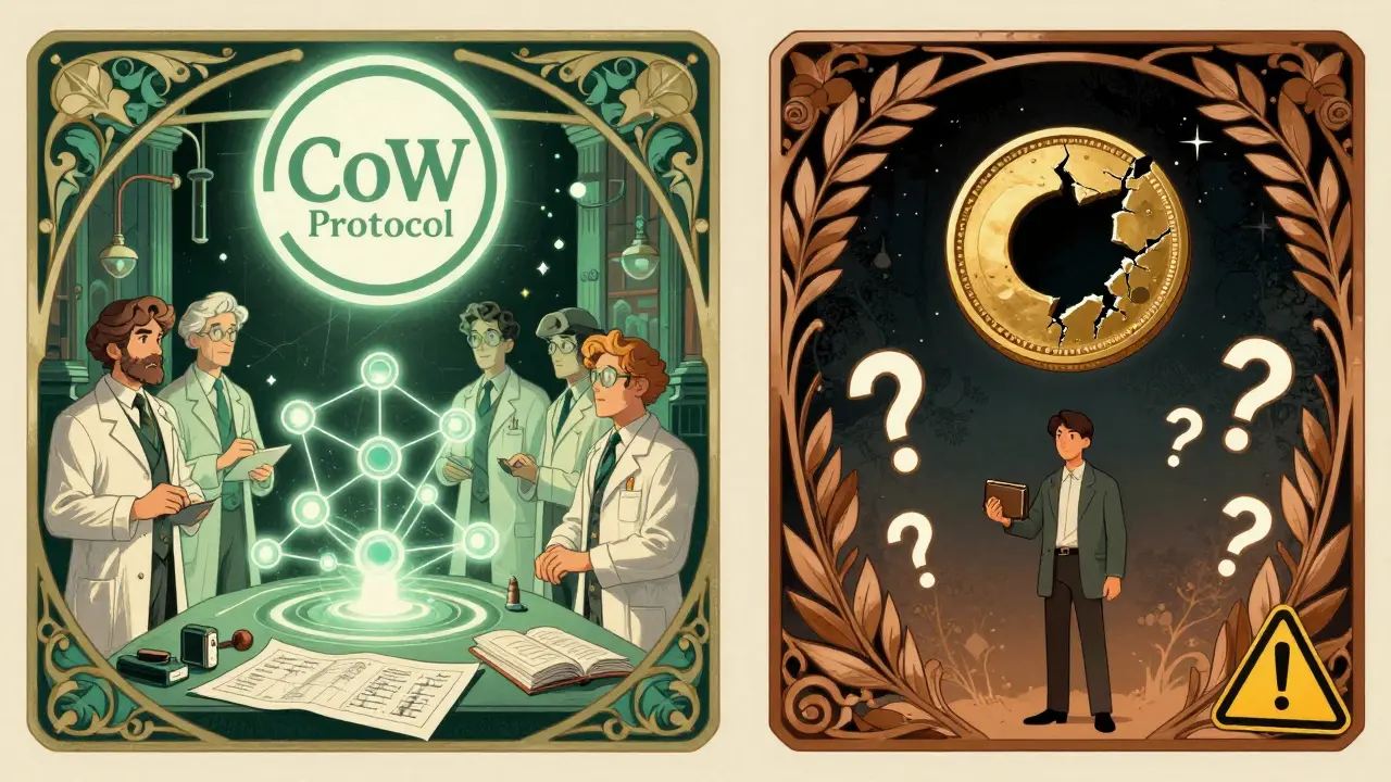 Doble imagen: CoW Protocol brillante y activo a la izquierda, COW vacío y oscuro a la derecha, con símbolos de advertencia.