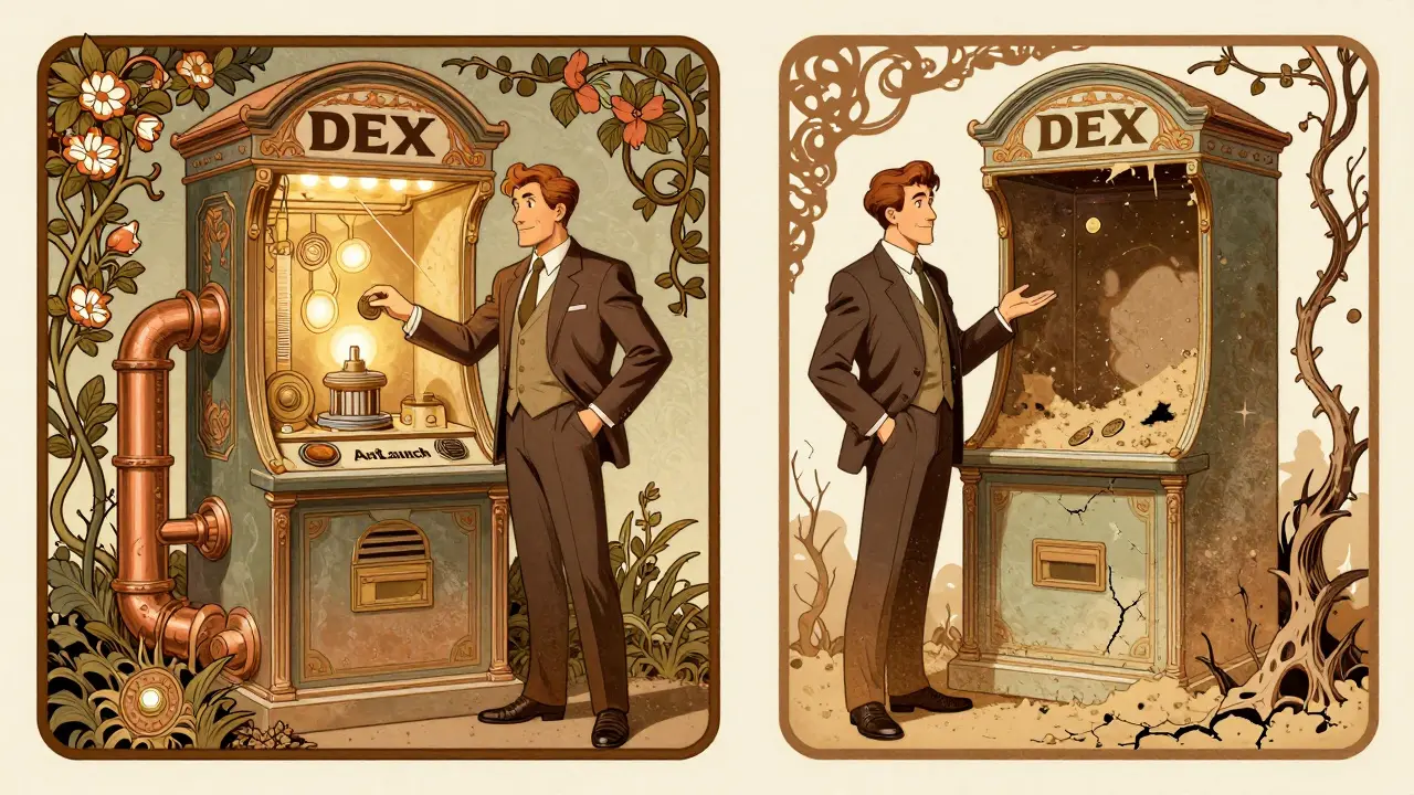 Dos escenas contrapuestas: una máquina de intercambio funcional y otra rota, ambas con motivos florales y tonos cálidos desvanecidos.