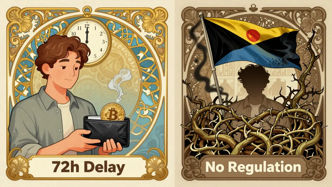 Escena dividida: retiro rápido a la izquierda, retraso y regulación ausente a la derecha, en estilo Art Nouveau.