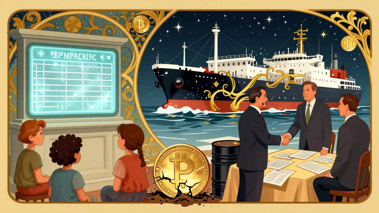 Escena dividida: una familia con cuenta congelada a un lado, un petrolero con Bitcoin al otro, simbolizando la doble política rusa.