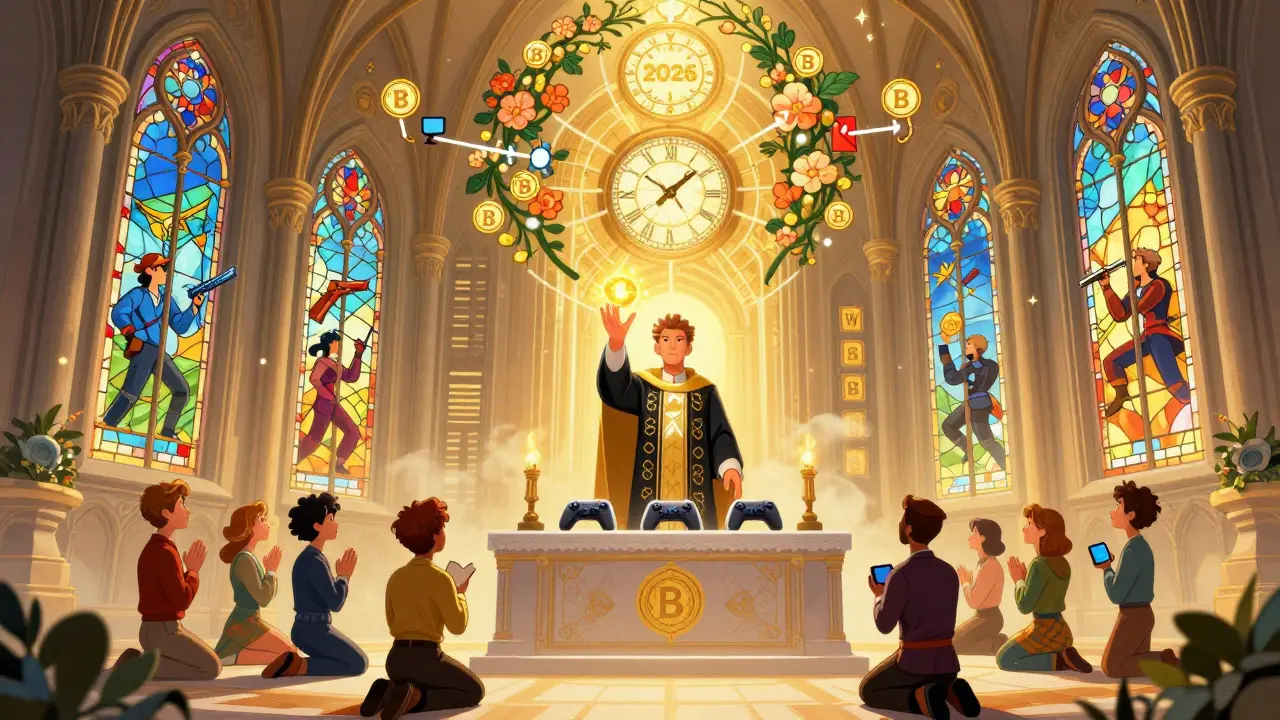 Estilo Art Nouveau: catedral de juegos Web3 con vitrales mostrando intercambios de NFTs y un sacerdote sosteniendo el token B3 como reliquia.