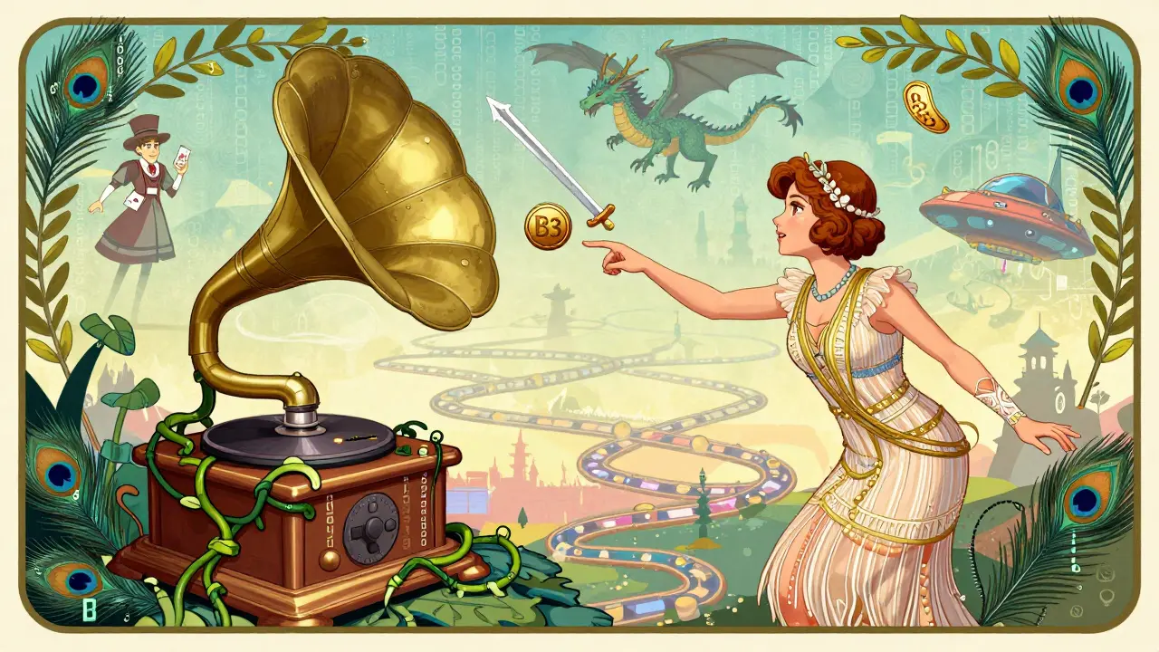 Estilo Art Nouveau: jugadora en vestido de los años 20 atrapa un token B3 que se convierte en una espada mágica entre mundos de juego.