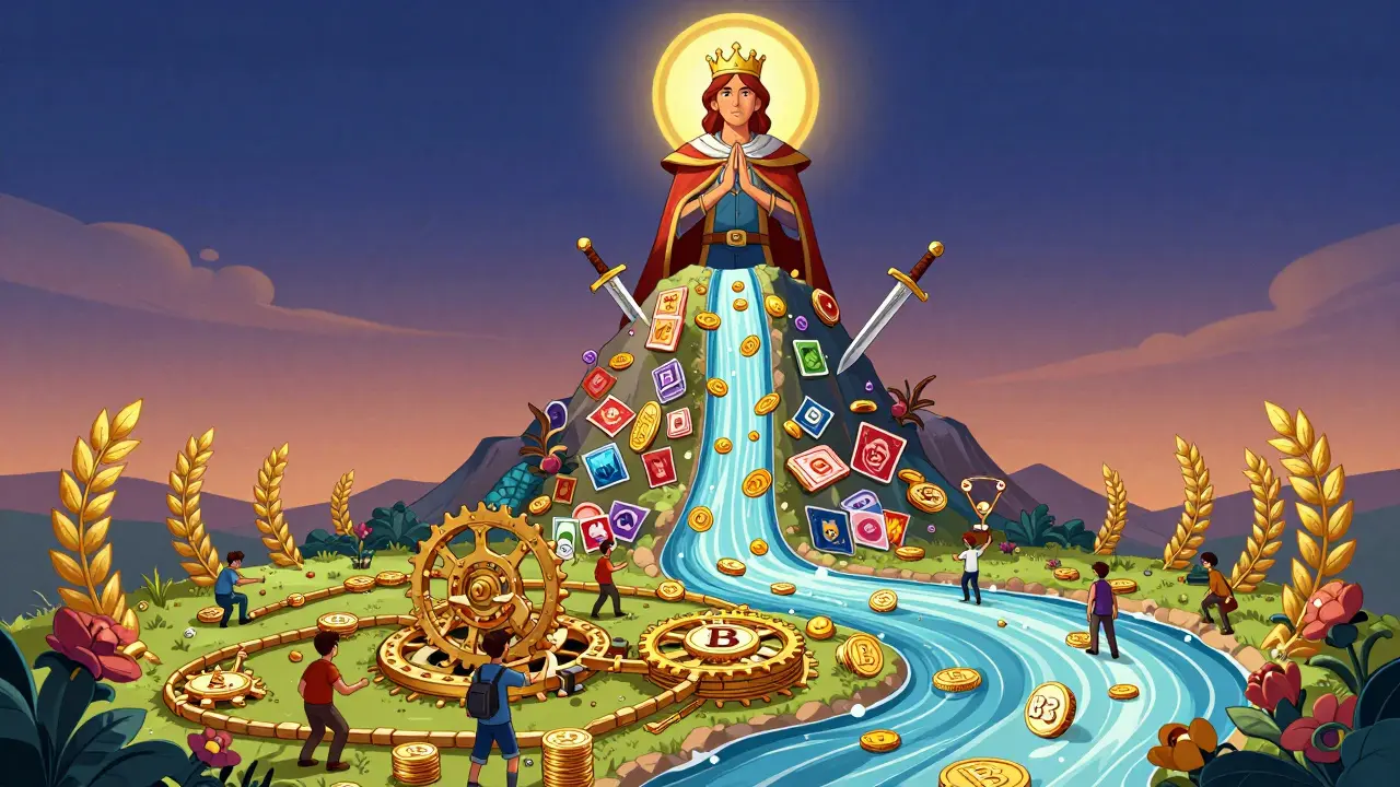 Figura simbólica del Jugador-Propietario coronada con activos digitales, sobre una montaña de objetos de juego que se convierten en tokens B3.