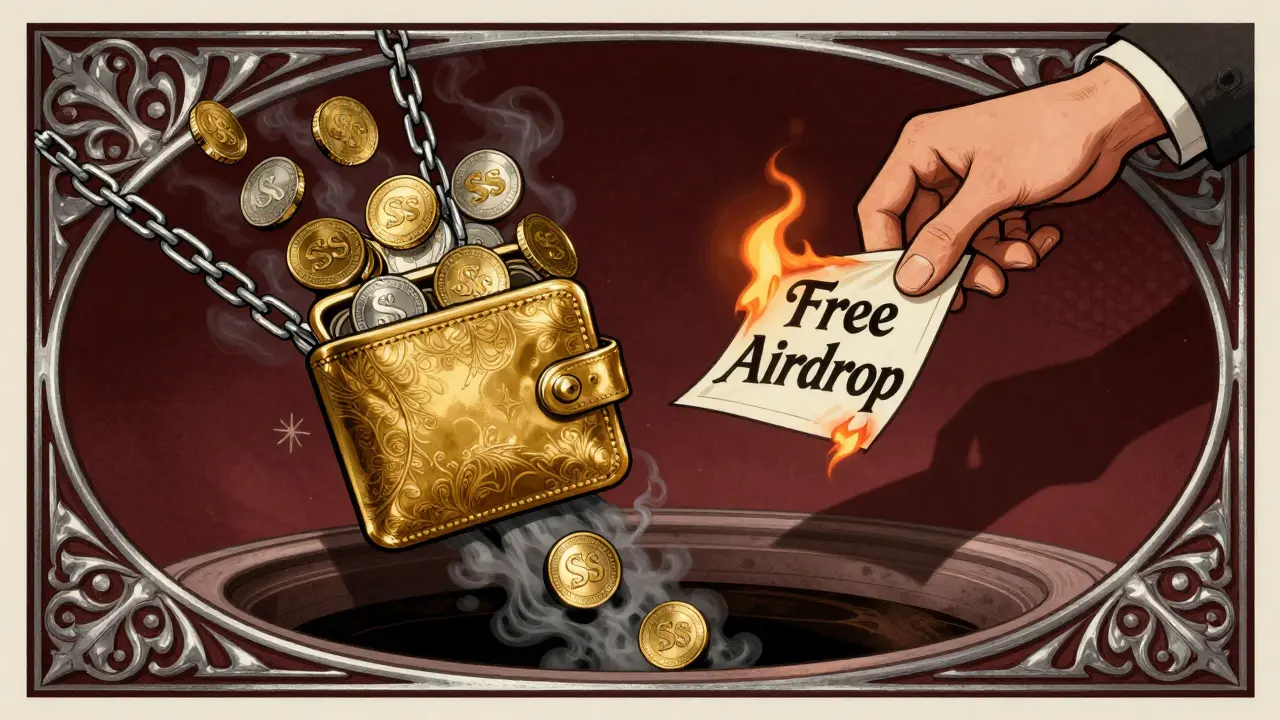 Gilded wallet overflows with turning-to-ash SSS tokens, burning flyer in hand, Art Nouveau elegance with dark warning.