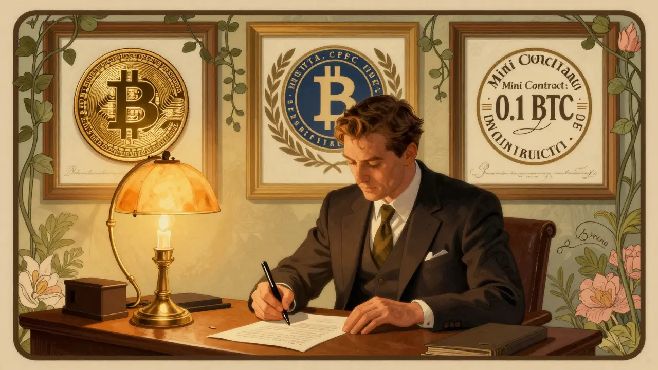 Inversor firmando un contrato de opciones con Bitcoin en forma de moneda, bajo una luz en forma de halo.