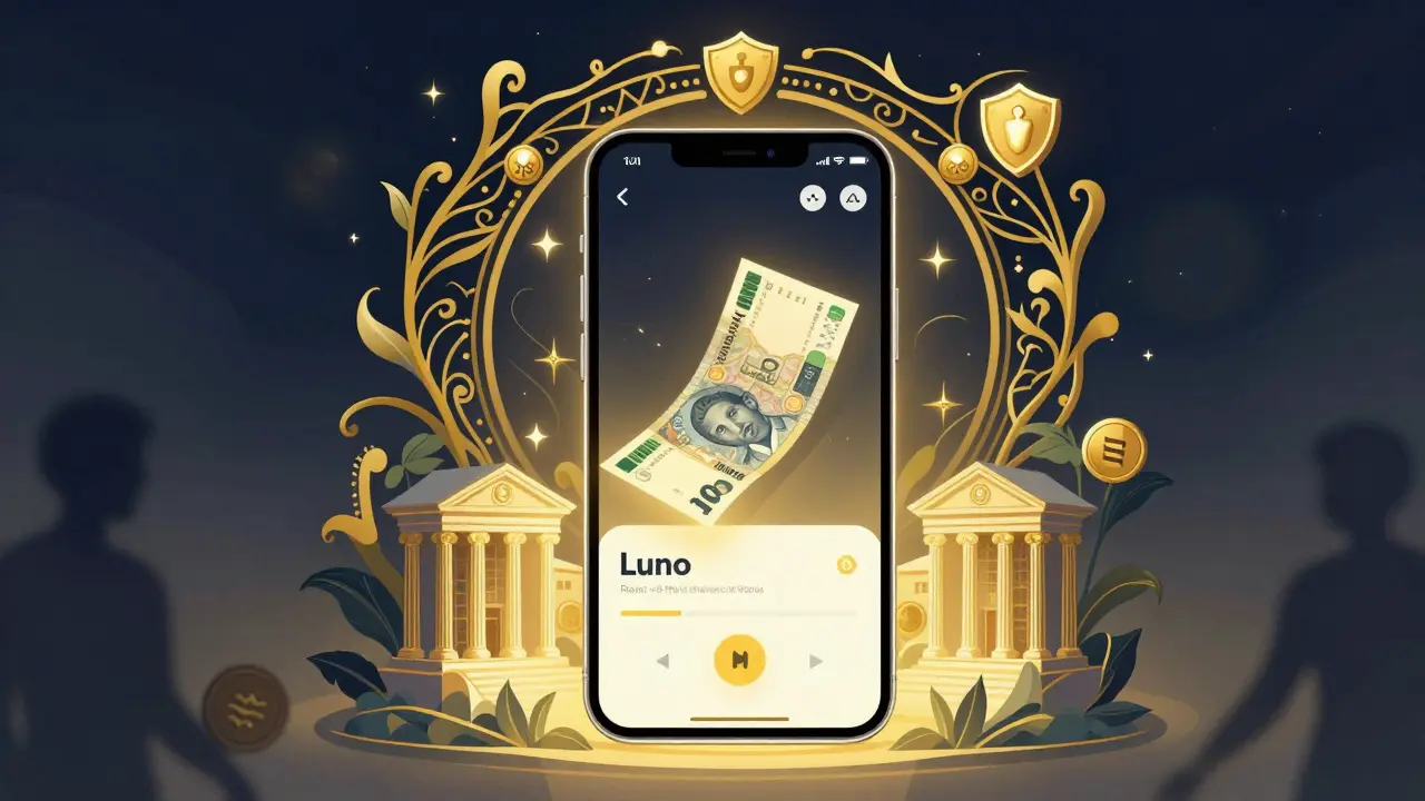 La app Luno brilla como un artefacto sagrado, rodeada de enredaderas que forman bancos, mientras otras plataformas se desvanecen.
