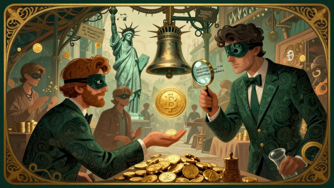 Mercado surreal con vendedores que entregan tokens AP, fondo con estatua deteriorada.