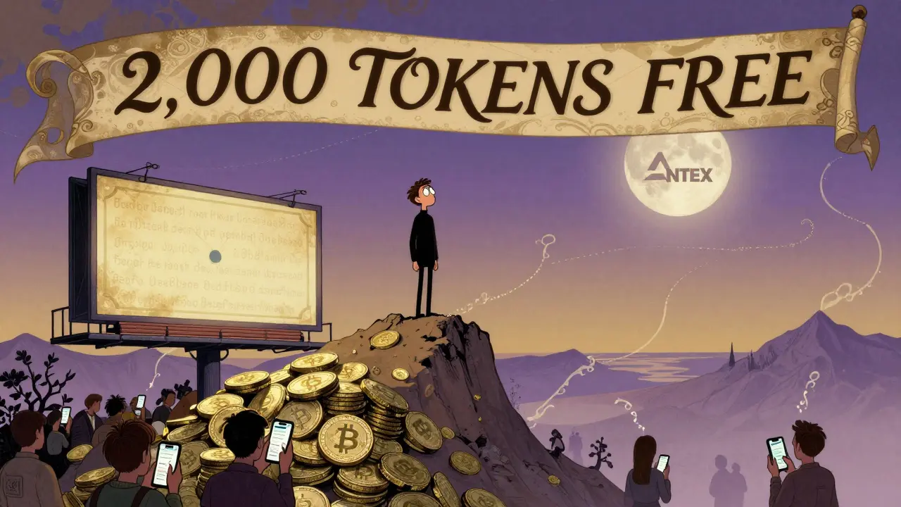 Persona sola en una montaña de tokens descartados mira hacia una luna con el logo ANTEX, mientras multitudes miran teléfonos.