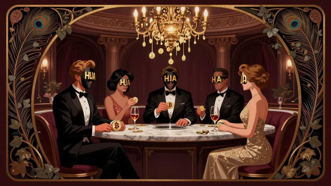 Personas en un salón lujoso intercambian criptomonedas mientras sus rostros están ocultos por máscaras con la letra 'HUA', bajo una lámpara que derrite monedas.