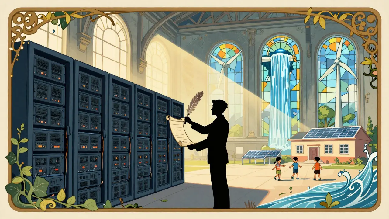 Regulador cierra una granja de servidores bajo ventanas con motivos de energía renovable, mientras la luz ilumina comunidades.