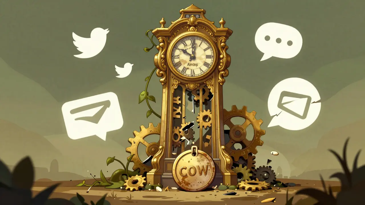 Reloj antiguo abandonado con el token COW en el suelo, rodeado de íconos de redes sociales inactivos y envejecidos.