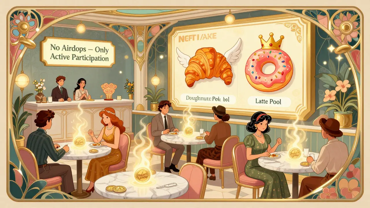 Restaurante DeFi decorado con piscinas de liquidez temáticas y NFTs de comida, donde usuarios participan activamente en un entorno elegante y ornamental.