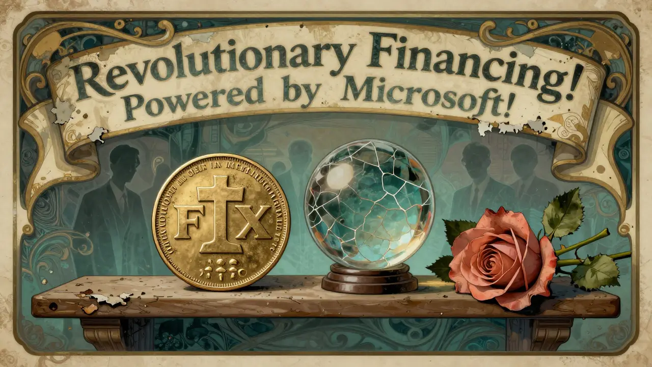 Token FTX olvidado en una estantería polvorienta, rodeado de letreros desgastados que prometen falsas asociaciones tecnológicas.